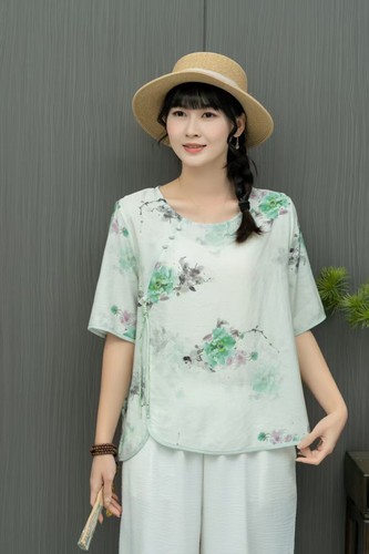 Womens Retro floral Printed Cotton Linen Tops Shirt Round Neck Short Sleeves New - Picture 17 of 44