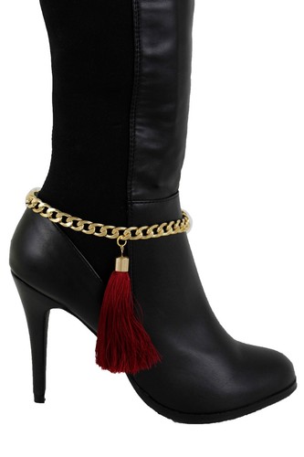 Mujer Metal Dorado Botas Cadena Pulsera Dije Zapato Rojo Vino Borgoña Tela  Borla | eBay