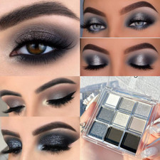 Black Smokey Gray Silver Glitter Shimmer Eye Makeup Palette, 9 Colors Cool Toned