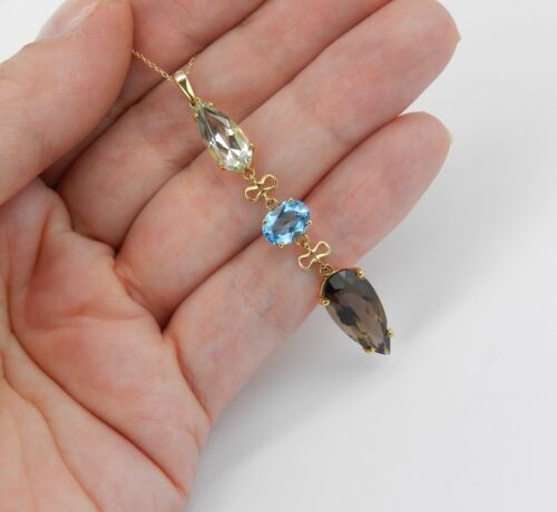 Green Amethyst Smokey and Blue Topaz Pendant Necklace 14K Yellow Gold 18" Chain - Picture 2 of 4