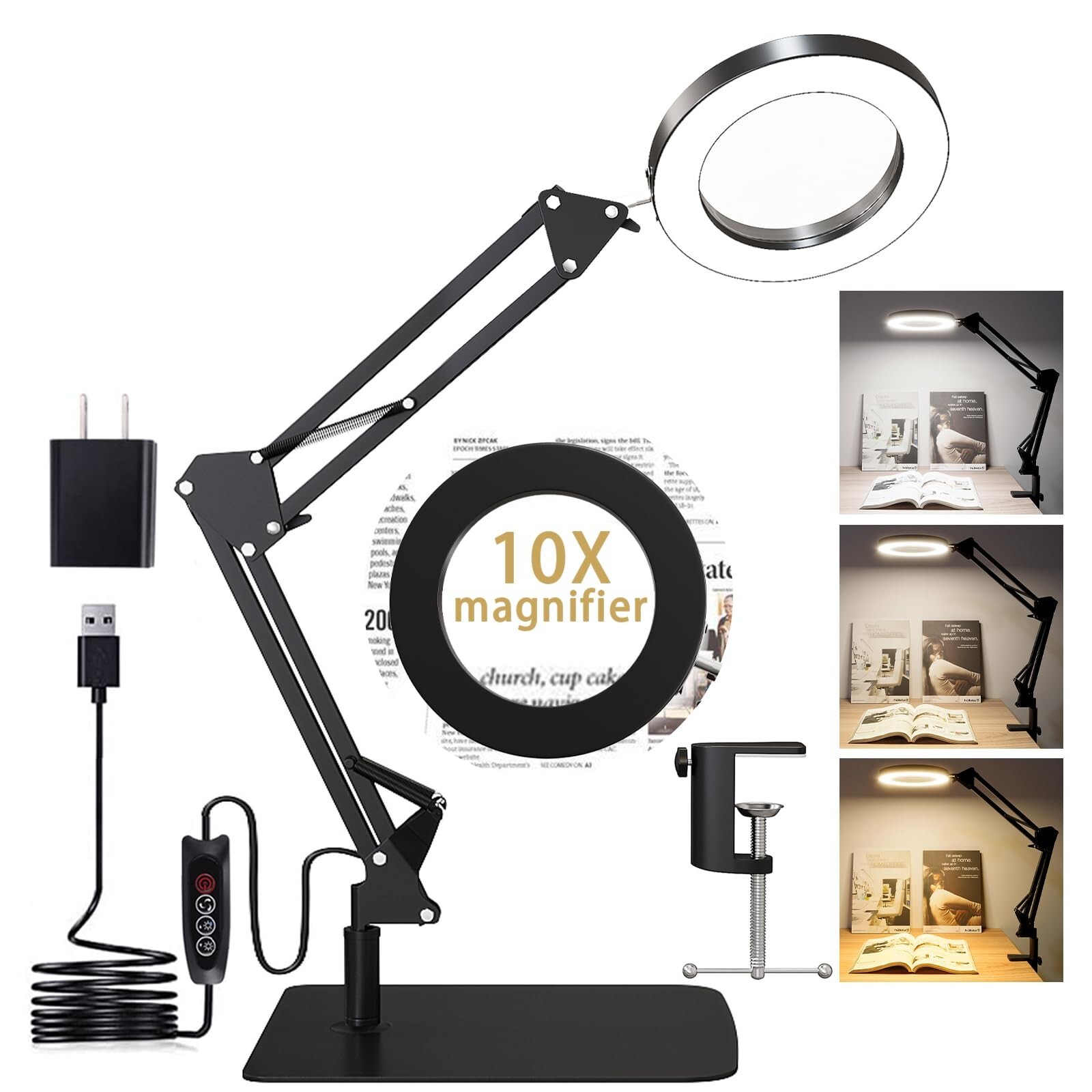 10X Magnifying Glass with Light and Stand, Real Glass 2-in-1 Desk Lamp & Clam...