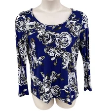 Simply Vera Wang Womens Knit Top Size XL Navy Blue Floral Scoop Neck LS Rayon