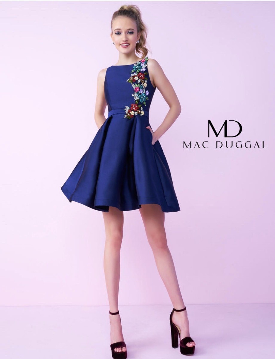 Mac Duggal Blue Navy Satin Cocktail Dress Floral Appliqué Modest Size 12 L $338