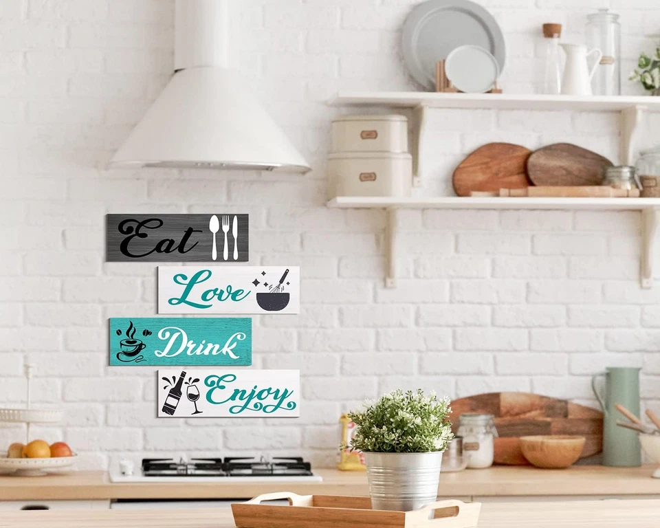 - Turquoise Kitchen Decor Accessories, Teal Wall Art with Grey, Eat Drink Love W - Image 2 of 4
