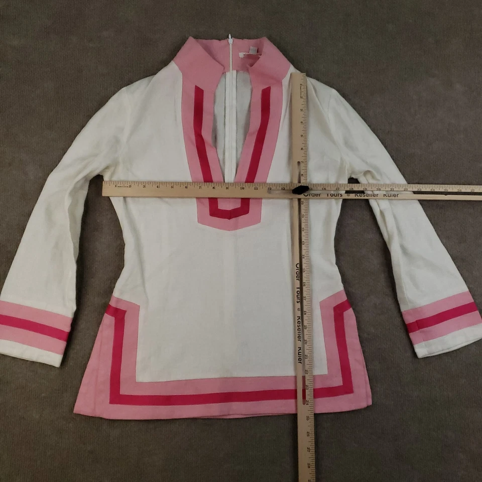 Alice + Olivia Shirt Womens Small White Pink V-Neck Linen Pullover Long Sleeve - Image 2 of 4