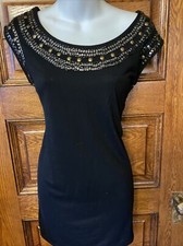 A.N.A Sexy Sequins, Studs & Beaded Neckline Body Fitting Black Mini DRESS Size S