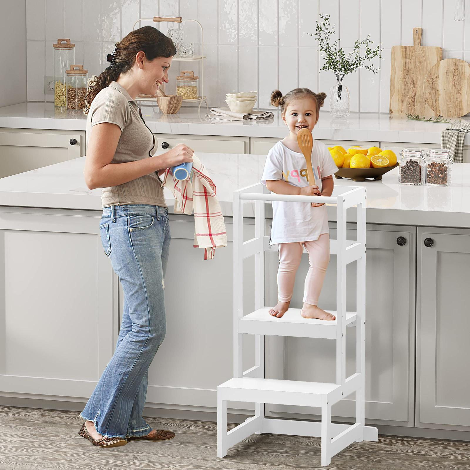 AMBIRD TODDLER STEP STOOL 3 HEIGHT KITCHEN STOOL 18-48 MONTHS KIDS - WHITE