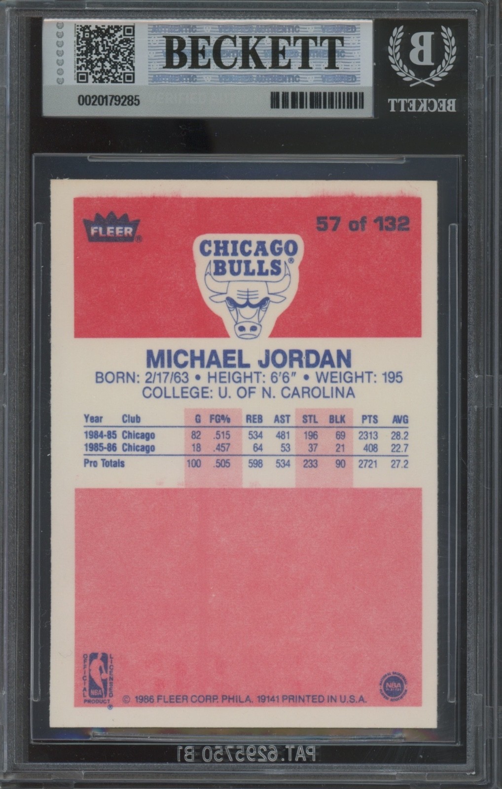 1986 Fleer Basketball #57 Michael Jordan RC Rookie HOF Chicago NM-MT+ BGS 8.5 view 2