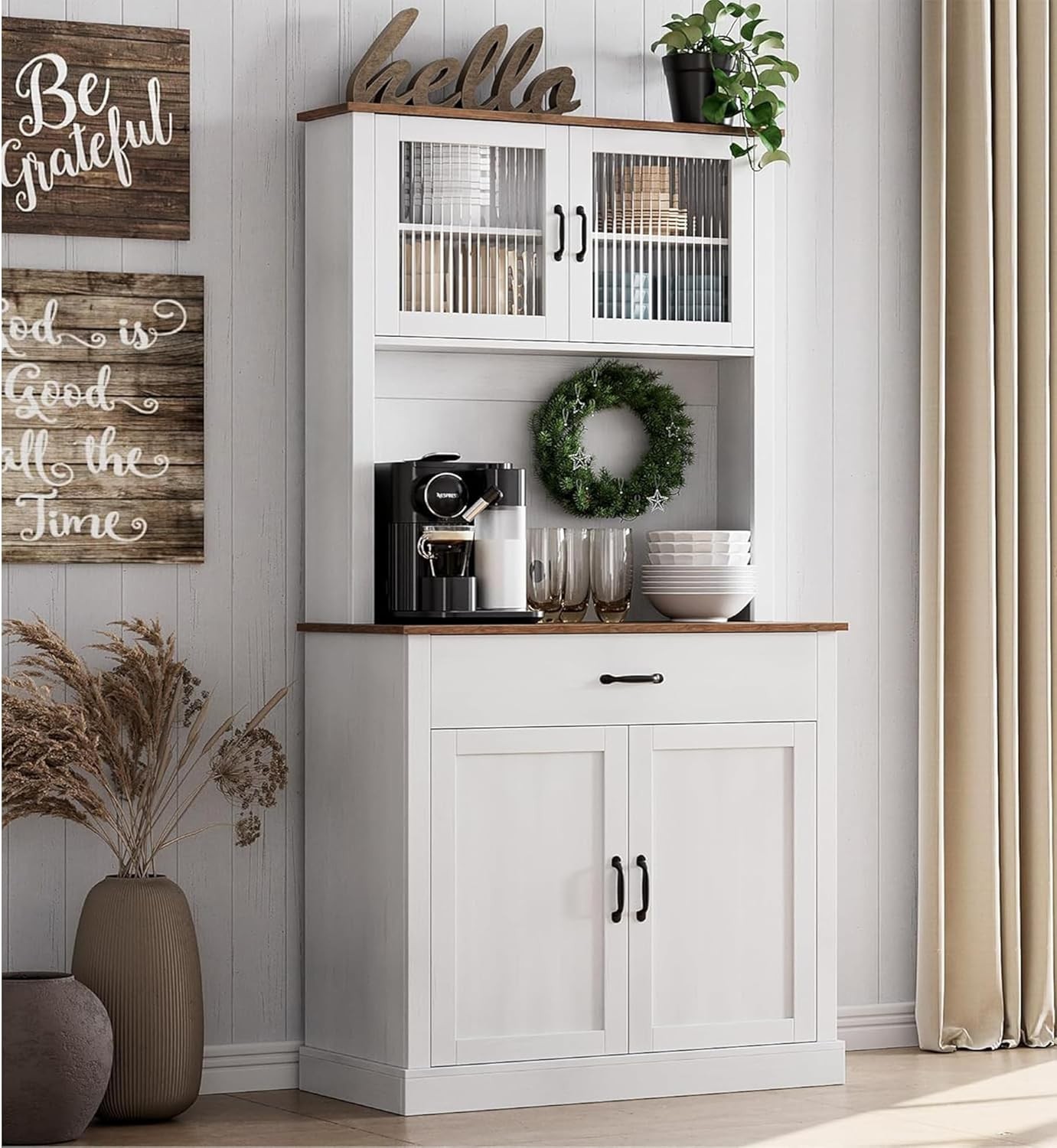 Kitchen Cabinet Hutch Storage Pantry with Microwave Stand Freestanding Buffet