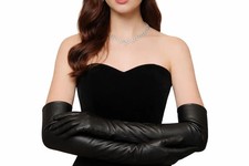 Women Long Black Genuine Leather Opera Gloves Elbow Length Evening Bridal