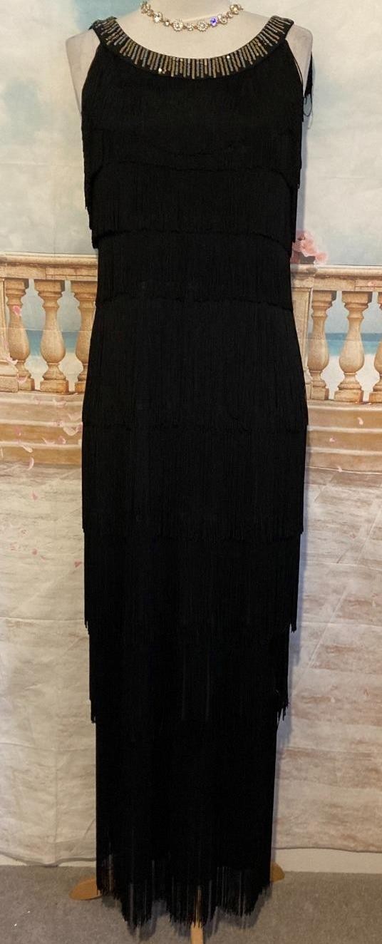 Black Gold Sequin Fringe 1920s Gatsby Flapper Dress 12 BNWT Roman Maxi Party