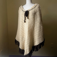Vintage Handmade Crochet Poncho Cream Knit Cape with Fringe Trim Boho Festival