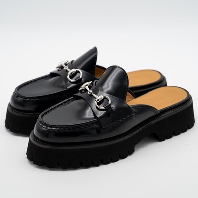 size 39.5G 9.5 US Gucci Mules Platform Horsebit Black Leather Lug Sole