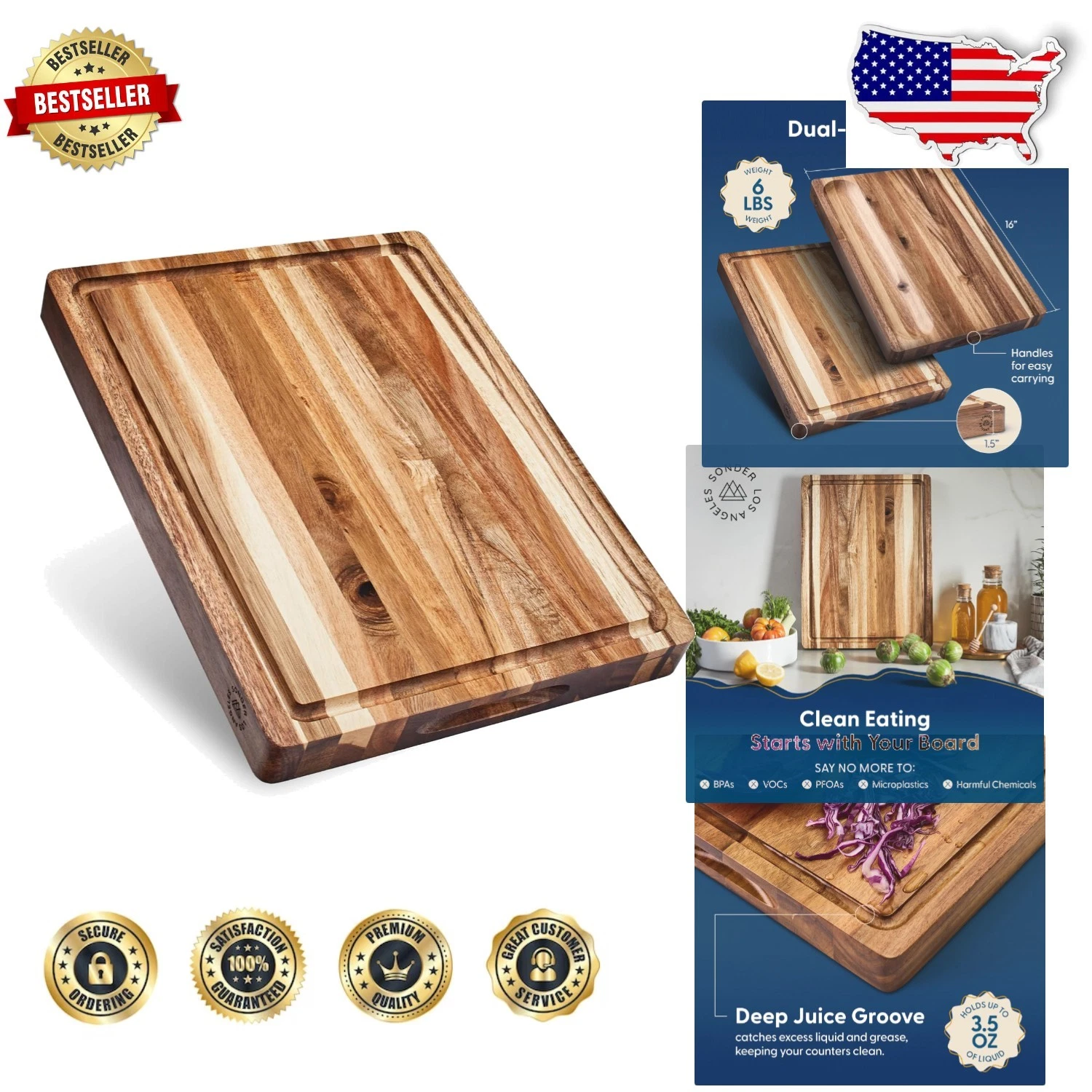 Acacia Wood Cutting Board 16x12, Edge Grain, Juice Groove & Cracker Well
