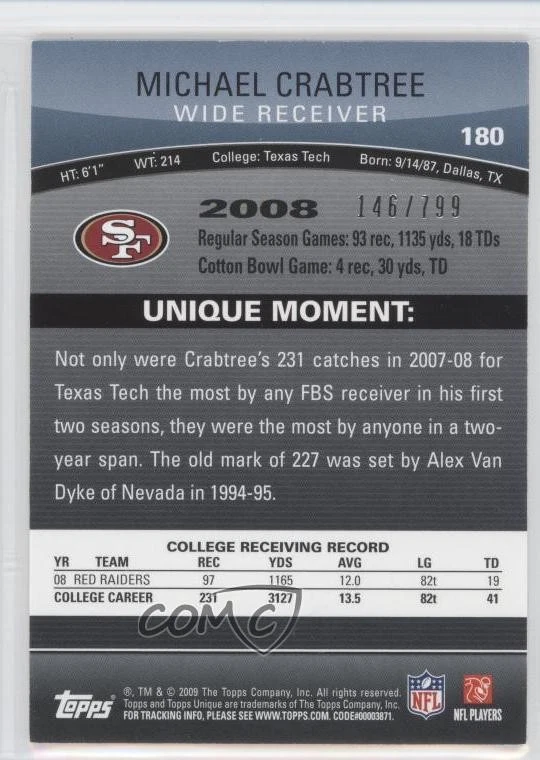 2009 Topps Unique Red Premier /799 Michael Crabtree #180 Rookie RC - Image 2 of 2