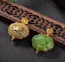 Green Jade Carved Pendant Fragrance Box 18K Gold Plated Necklace Women Jewelry