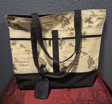 Hawaiian Islands Palm Trees Tan Beach Bag Purse Tote outside zipper pockets VGC