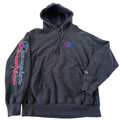 Champion Men s Reverse Weave Hoodie Sweatshirt Logo Black Spell Out Size L Large