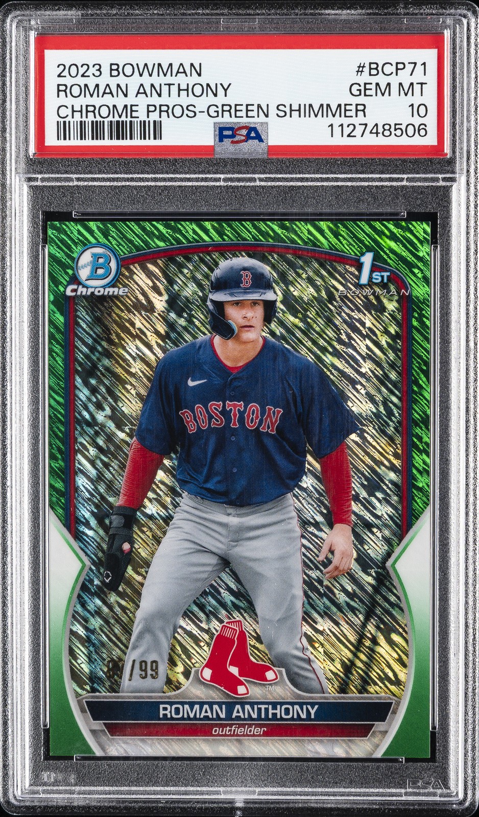 2023 BOWMAN CHROME PROSPECTS GREEN SHIMMER #BCP71 ROMAN ANTHONY 87/99 PSA 10