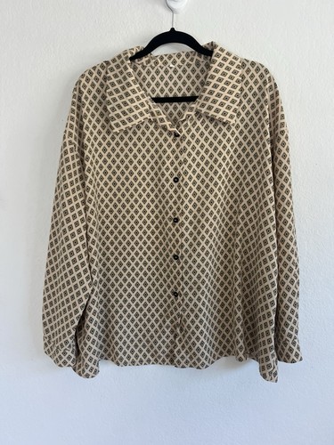 Vintage Diamond Floral Geometric Retro Blouse Womens 1X Cream Button Up ...