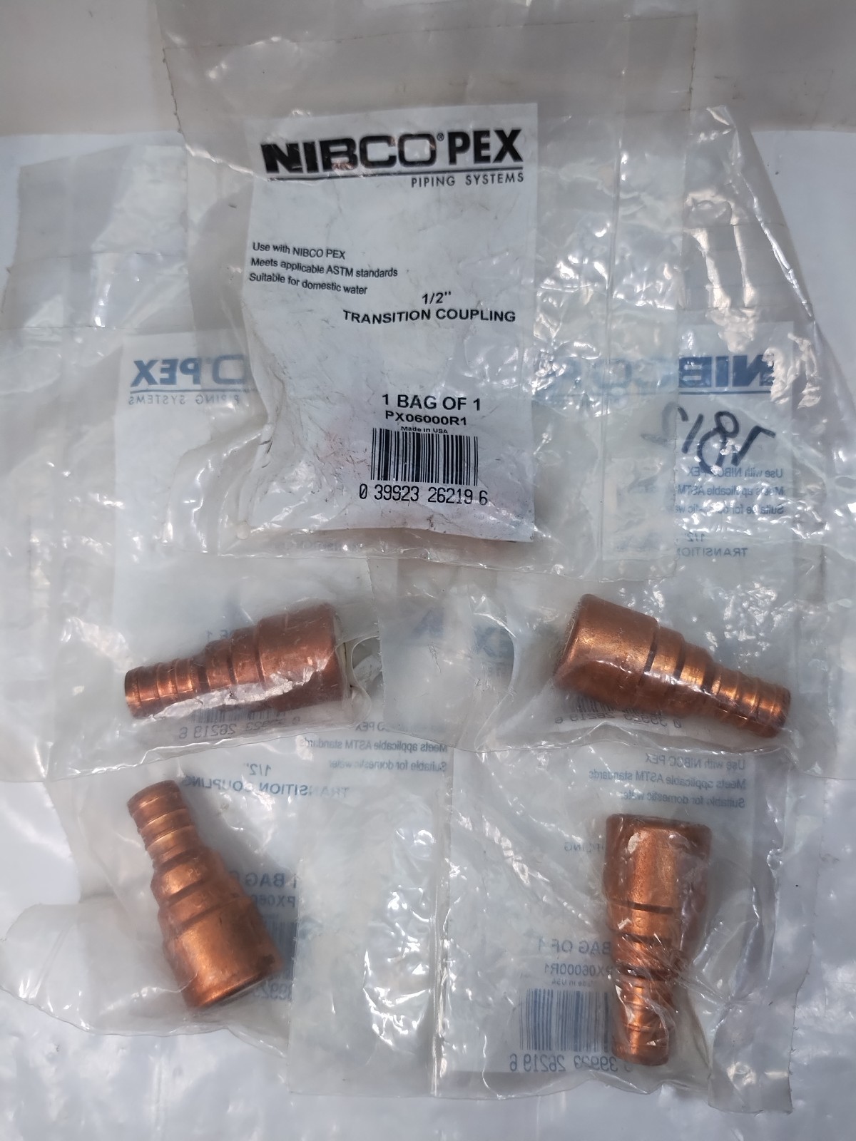 5 Nibco 1/2" PEX x 1/2" CPVC Transition Coupling Brass Crimp Fittings  - US Made