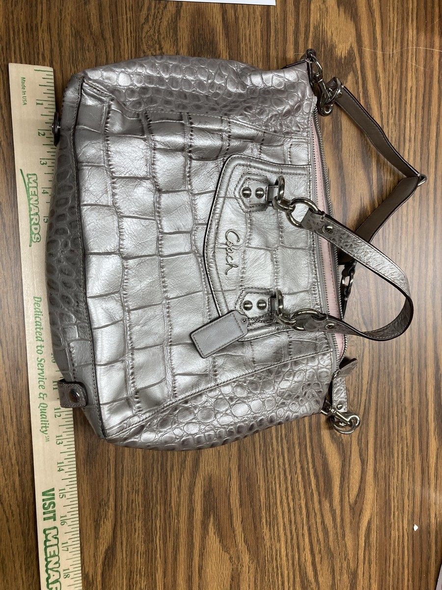 Coach F20346 Satchel Handbag Womens Metallic Silver Croc Embossed