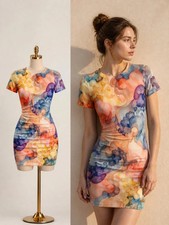Womens Short Sleeve Bodycon Mini Dress Slim Fit Crew Neck Floral Print Casual Su