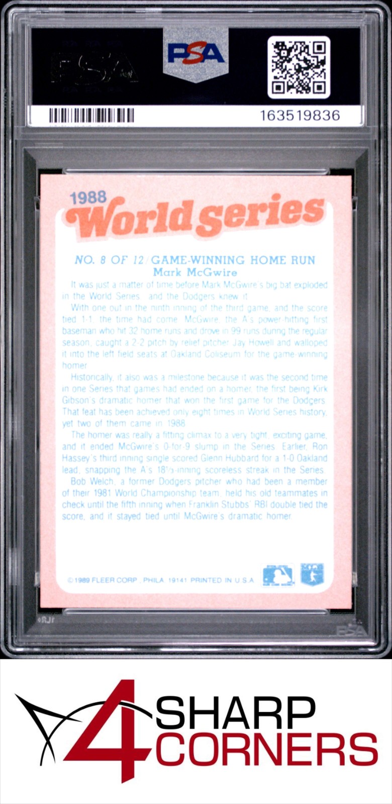 1989 FLEER WORLD SERIES #8 MARK McGWIRE ATHLETICS PSA 10 view 2