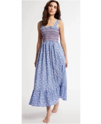 Mille $368 Garden Smocked Floral Sleeveless Resort Vacation Maxi Cottage Dress