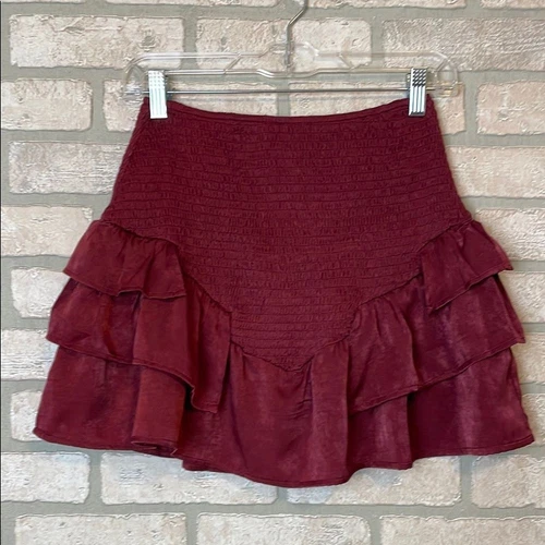 Blue Blush Satin tiered ruffle skirt smocked waist size M burgundy color