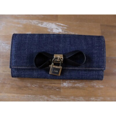 (NO CUSTOMS TAX) DSQUARED2 blue denim flap wallet w leather bow & metal padlock