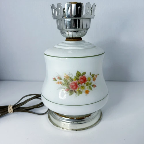 Hurricane Lamp Vintage Milk Glass White Embossed Pink Silver Gold Flowers