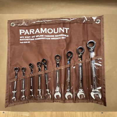 Paramount 9pc 9/32  - 3/4  Spline Chrome Reversible Ratcheting Combo Wrench Set