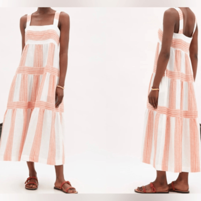 Three Graces London Kitty Striped Tiered Linen Midi Dress - White | eBay Three Graces London Kitty Striped Tiered Linen Midi Dress - White | eBay