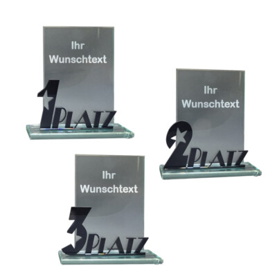 Glas-Pokal mit Ihrem Wunschtext graviert, Einzelpokal oder 3er-Set erhältlich