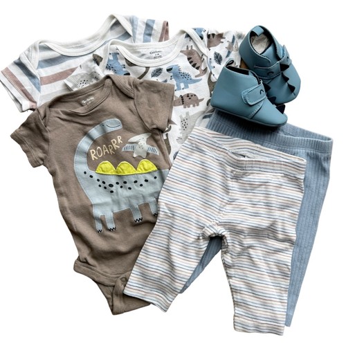 5-teiliges Baby Junge Paket passendes Set & Schuhe 0-3M Dino blau süß weich