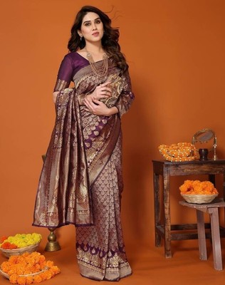 Indian Women Kanjivaram Saree, Self Design Kanjivaram Silk Blend Saree  (Purple)