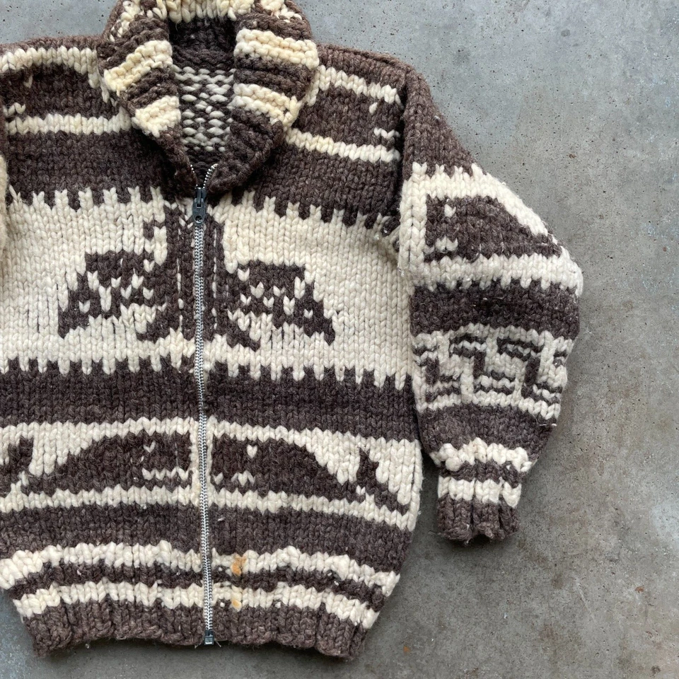 Cardigã de lã vintage anos 60 Cowichan "Thunderbird" robusto malha zíper completo tamanho: pequeno - Imagem 3 de 4