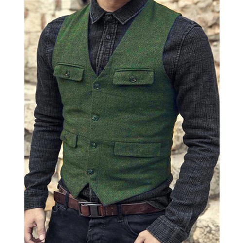 Mens Vintage Tweed Waistcoat Groom Bestman Retro Hunting Cowboy Formal Vests - Picture 9 of 21