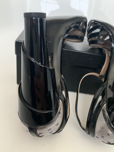 CHANEL 8.5 39.5 Black Patent Leather PVC Strappy High Heels Orsay Sandals Pumps - Picture 9 of 12