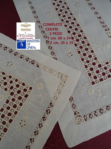 Napperons Lin Broderie à la Main Punto Antique Et Gemmes Sfilature Complet 3 Pcs - Picture 2 of 10