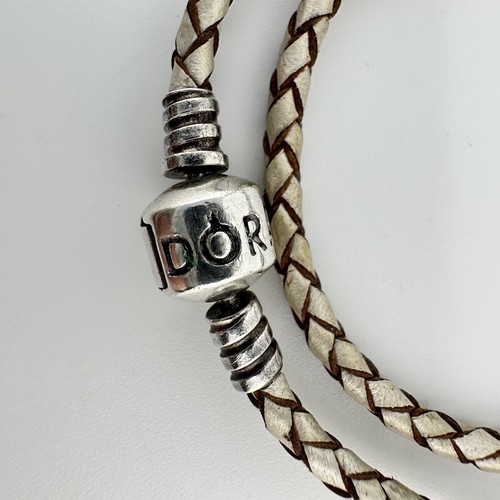 Pandora 925 Sterling Silver White Brown Braided Leather Wrap Charm 13” Bracelet - Picture 6 of 7