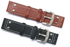Set-2 20mm Black/White & Brown/White Rivet Style Buffalo-Grain Leather WatchBand