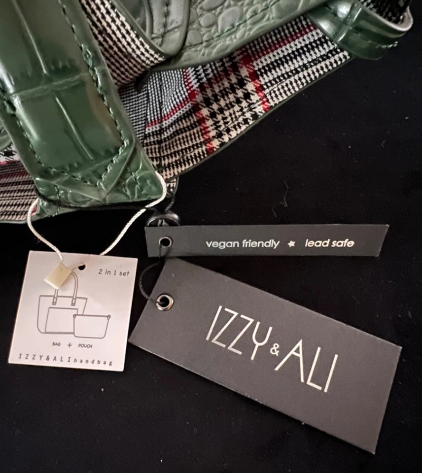 Bolso de Mano IZZY & ALI Palermo ~ Cocodrilo Vegano Verde ~ Reversible a Cuadros ~ Nuevo con Etiquetas Foto 2 de 4