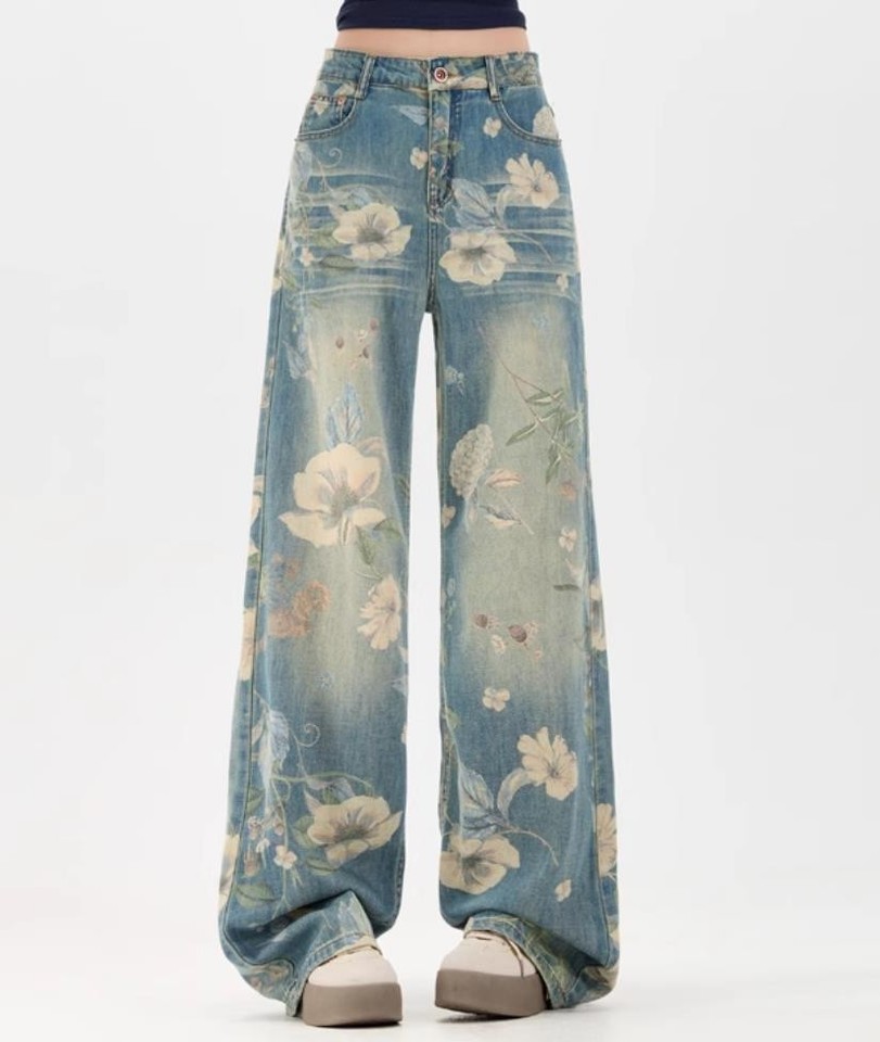 Women’s Loose Casual Floral Patchwork Denim Trousers