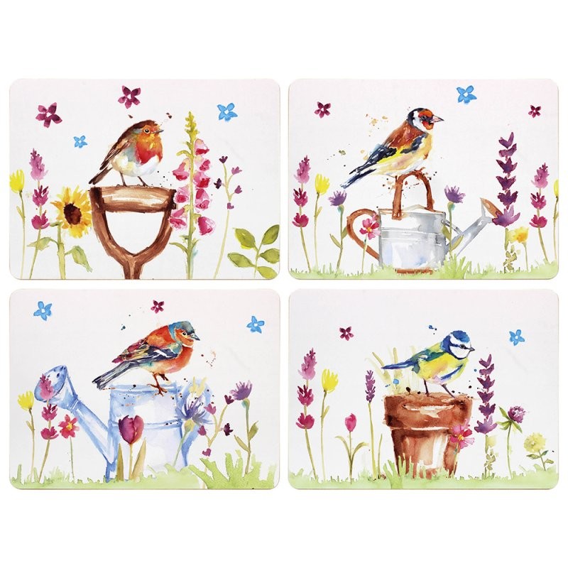 Garden Birds 4-Set Cork Placemats Assorted Floral Design Tableware Heat Resist