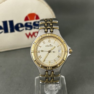 Ellesse Herrenuhr 03-0041 Silber Vergoldet Rund Datum Neue Batterie Vintage Box