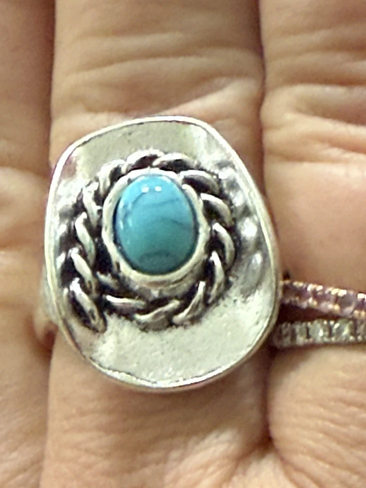 Mujer Vaquera Sombrero Anillo Talla 9 Con Corazones Piedra Turquesa Estilo Boho Western Foto 4 de 4