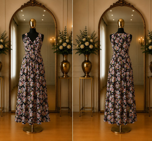 Sandra Darren Black/Pink/Green Floral Pleated V-Neck Strappy Maxi Dress M
