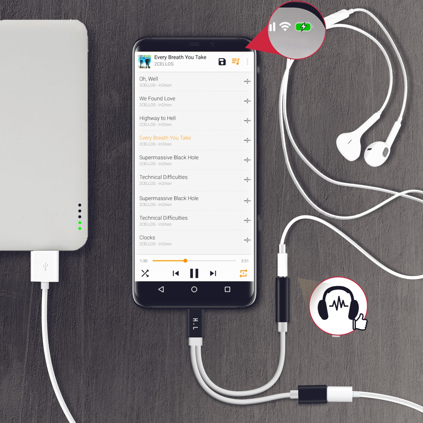 Adaptateur Jack et USB-C de 13 cm noir pour charger et écouter simultanément